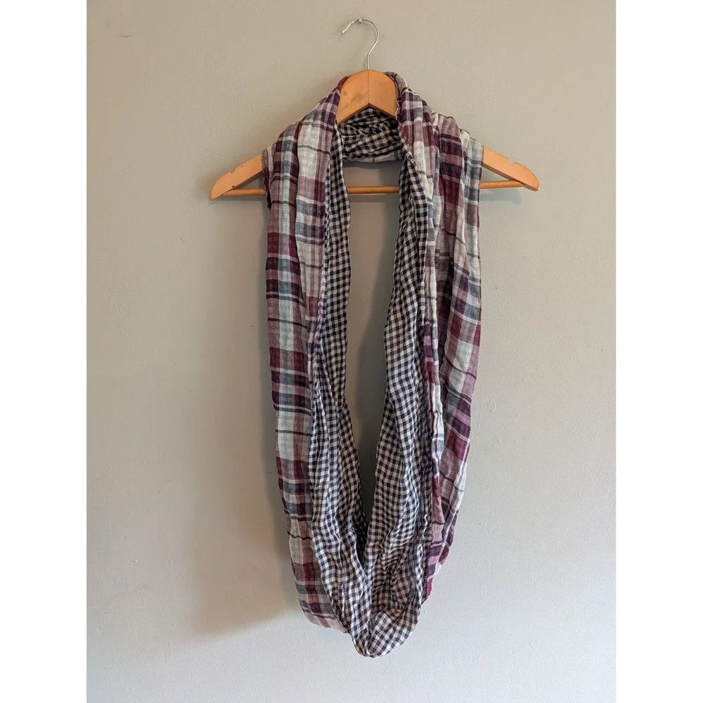 Loft Ann Taylor Infinity Scarf Burgundy Plaid Navy Gingham Check 100% Cotton